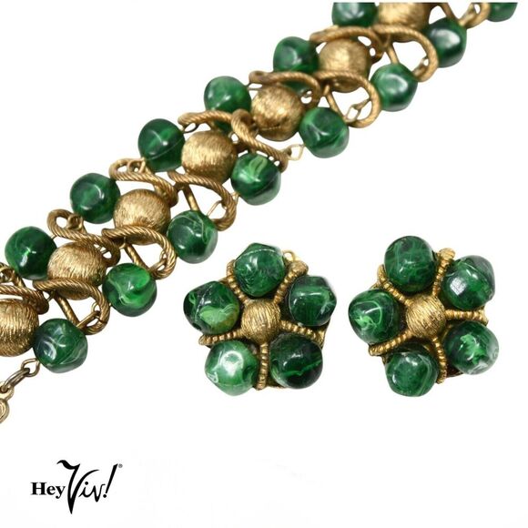 Vintage Bracelet Green Gold Beads w Clip On Earrings Ornate Design - Hey Viv - Picture 2 of 7